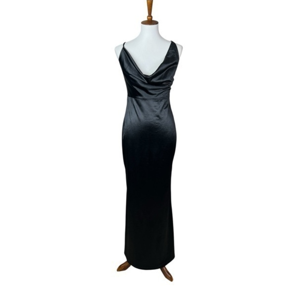 Hello Molly Black Satin Cowl Neck Maxi Slip Dress Crisscross Back Size 6 NWT